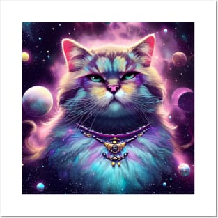 a majestic cat in outer space, surrounded by celestial bodies like stars, planets, and galaxies Posters and Art